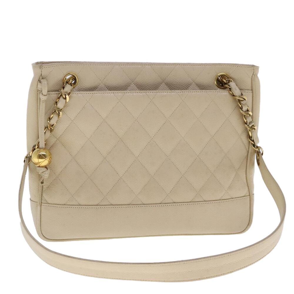CHANEL Matelasse Chain Shoulder Bag Caviar Skin Beige CC